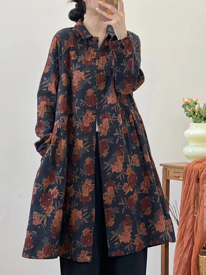 Women Autumn Vintage Flower Loose Cotton Shirt Coat