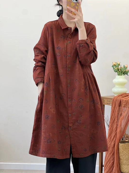 Women Autumn Vintage Flower Loose Cotton Shirt Coat