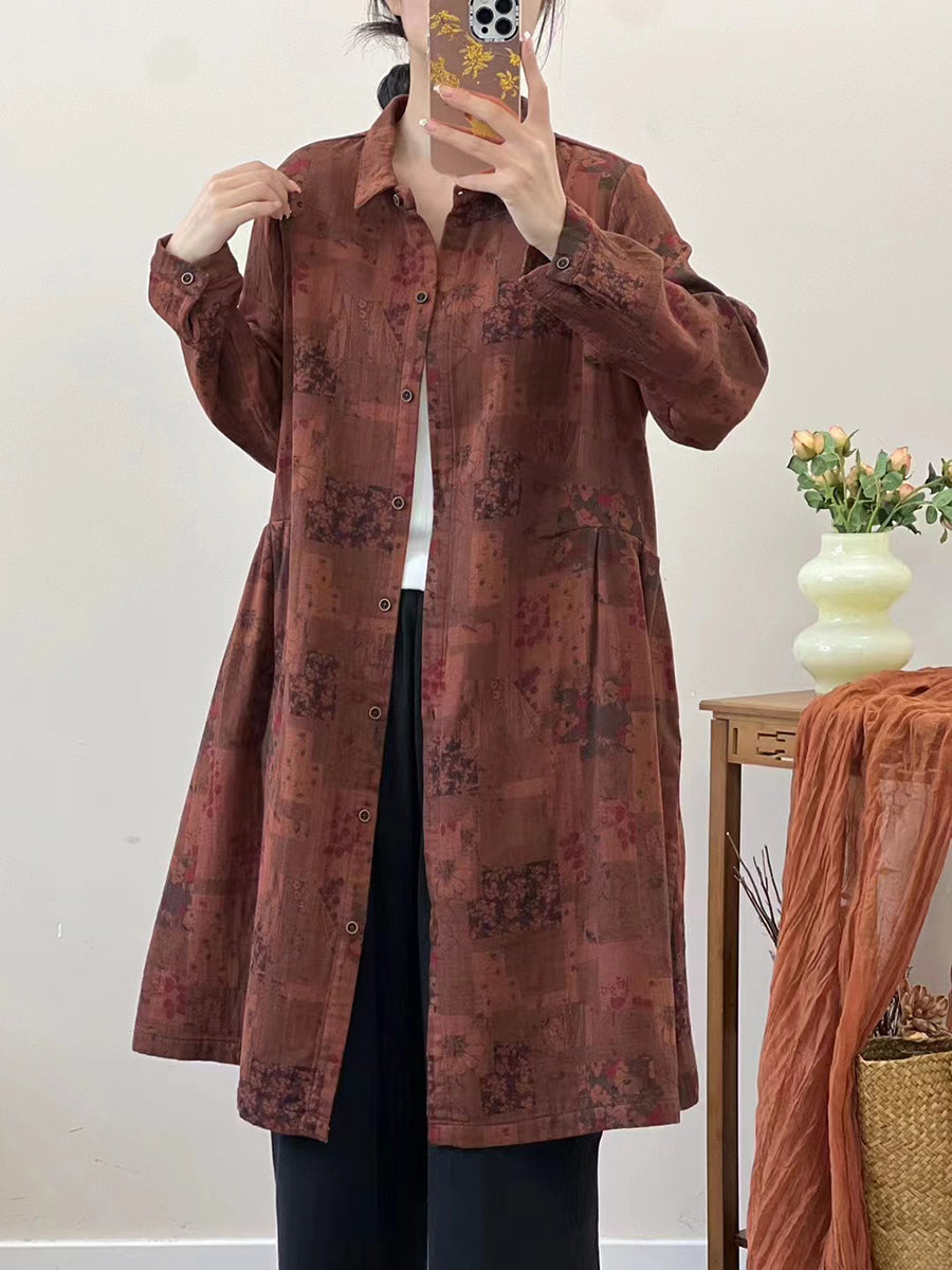 Women Autumn Vintage Flower Loose Cotton Shirt Coat