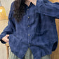 Women Autumn Vintage Plaid Turn-down Linen Blouse