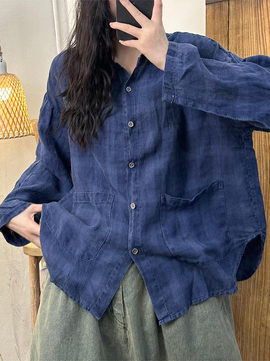 Women Autumn Vintage Plaid Turn-down Linen Blouse