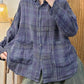 Women Autumn Vintage Plaid Turn-down Linen Blouse