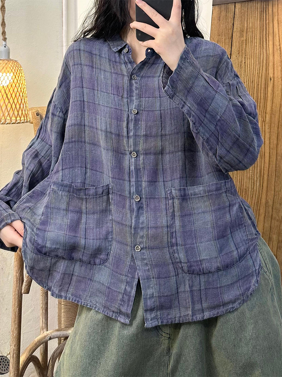 Women Autumn Vintage Plaid Turn-down Linen Blouse