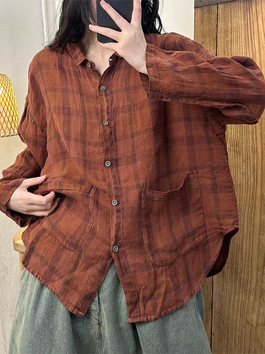 Women Autumn Vintage Plaid Turn-down Linen Blouse