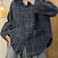 Women Autumn Vintage Plaid Turn-down Linen Blouse