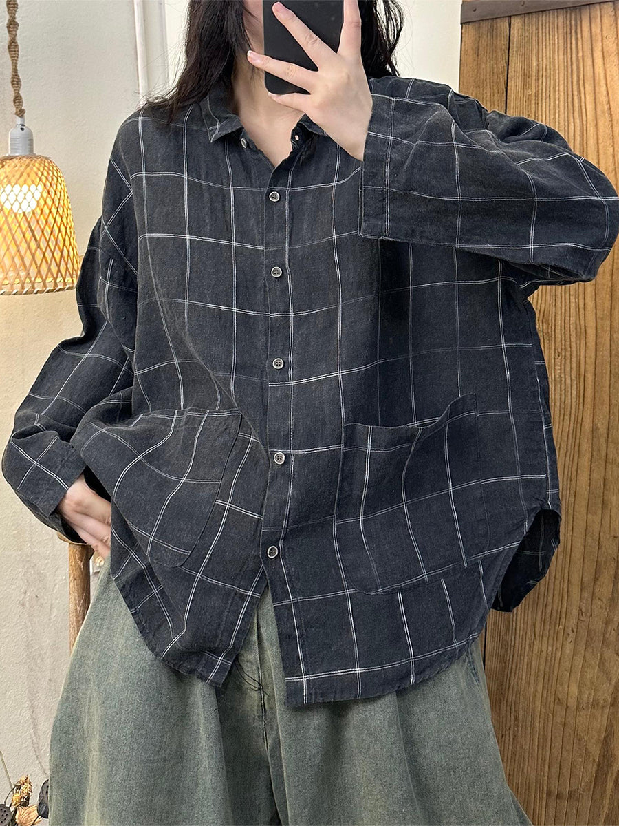 Women Autumn Vintage Plaid Turn-down Linen Blouse