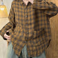 Women Autumn Vintage Plaid Turn-down Linen Blouse