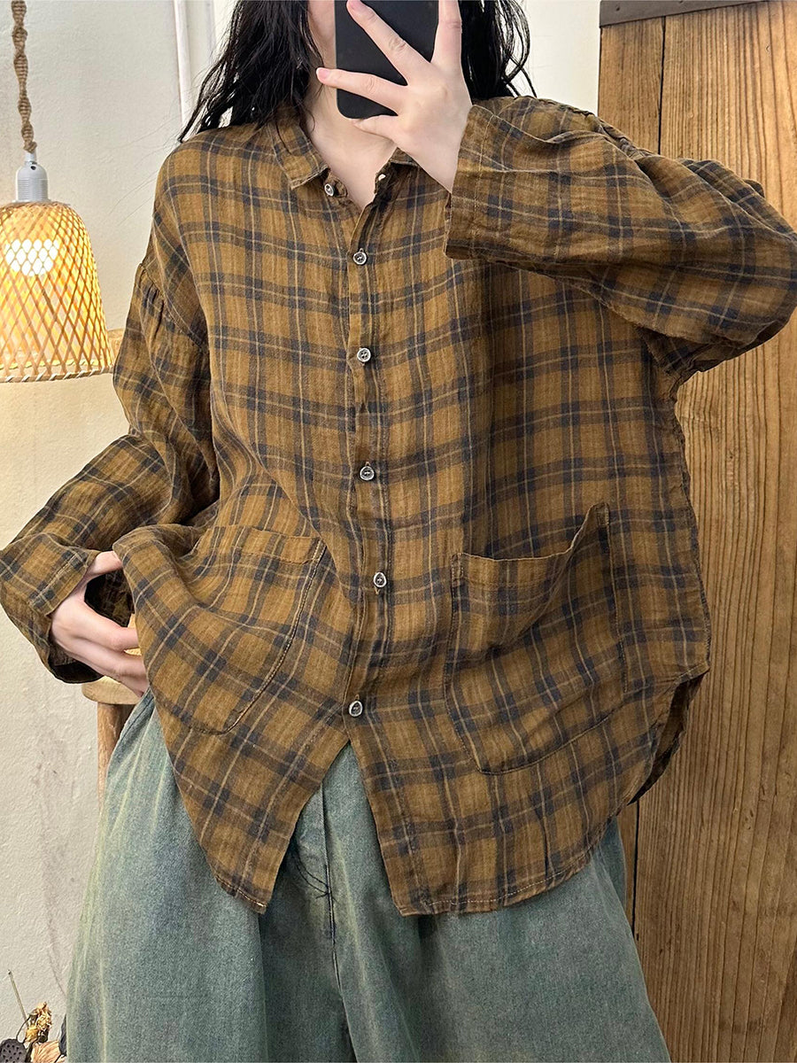 Women Autumn Vintage Plaid Turn-down Linen Blouse