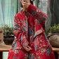 Women Winter Vintage Flower Pocket Button Cotton Coat