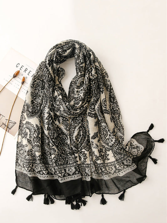 Women Artsy Flower Black White Tassel Shawl Scarf