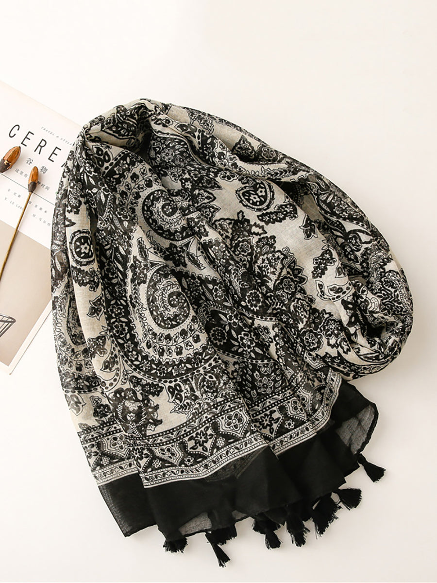 Women Artsy Flower Black White Tassel Shawl Scarf