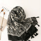 Women Artsy Flower Black White Tassel Shawl Scarf