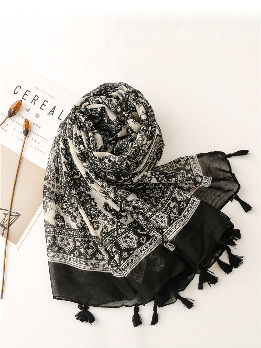 Women Artsy Flower Black White Tassel Shawl Scarf