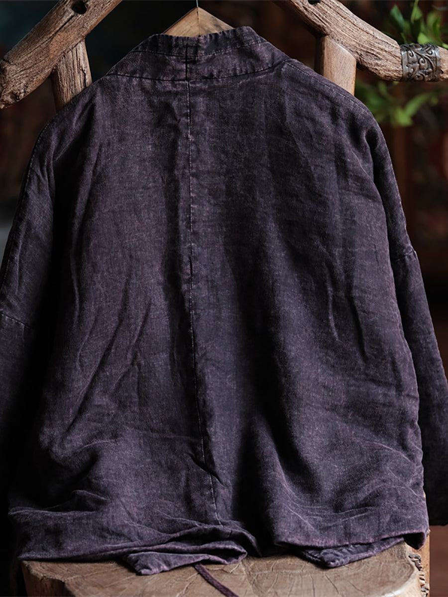 Women Vintage Retro Purple Linen Dtrap V-Neck Coat