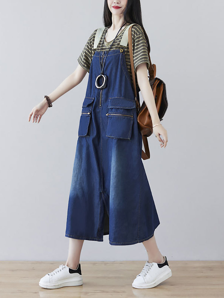 Women Casual Vintage Washed Denim Wide-leg Jumpsuits