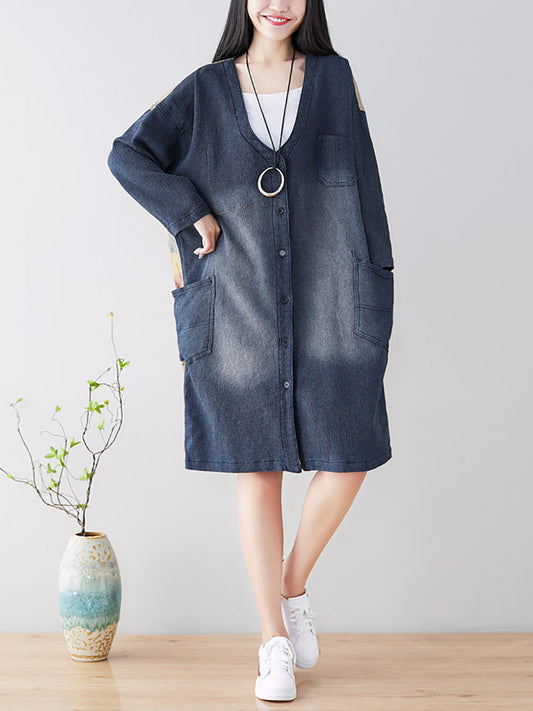 Women Spring Casual Back Spliced Pokcet Loose Coat