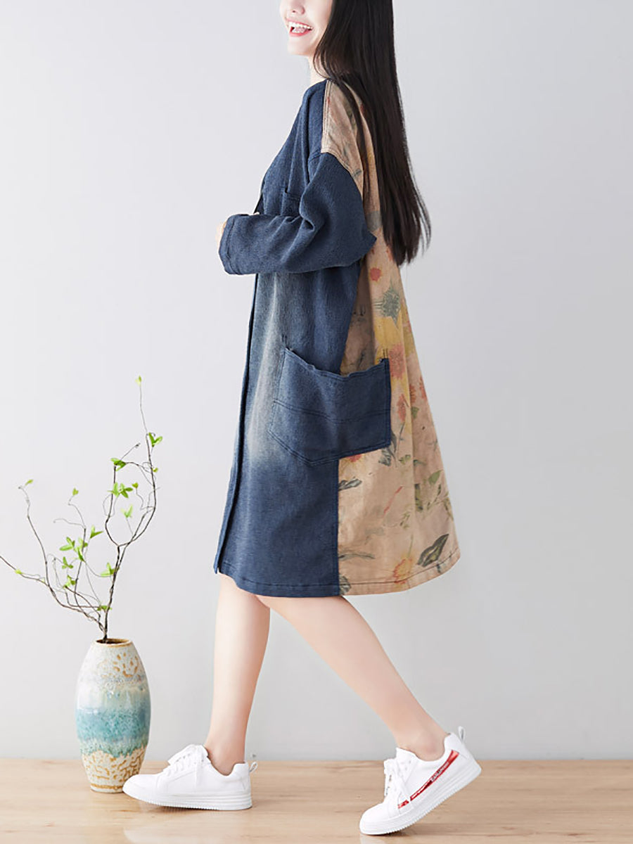 Women Spring Casual Back Spliced Pokcet Loose Coat