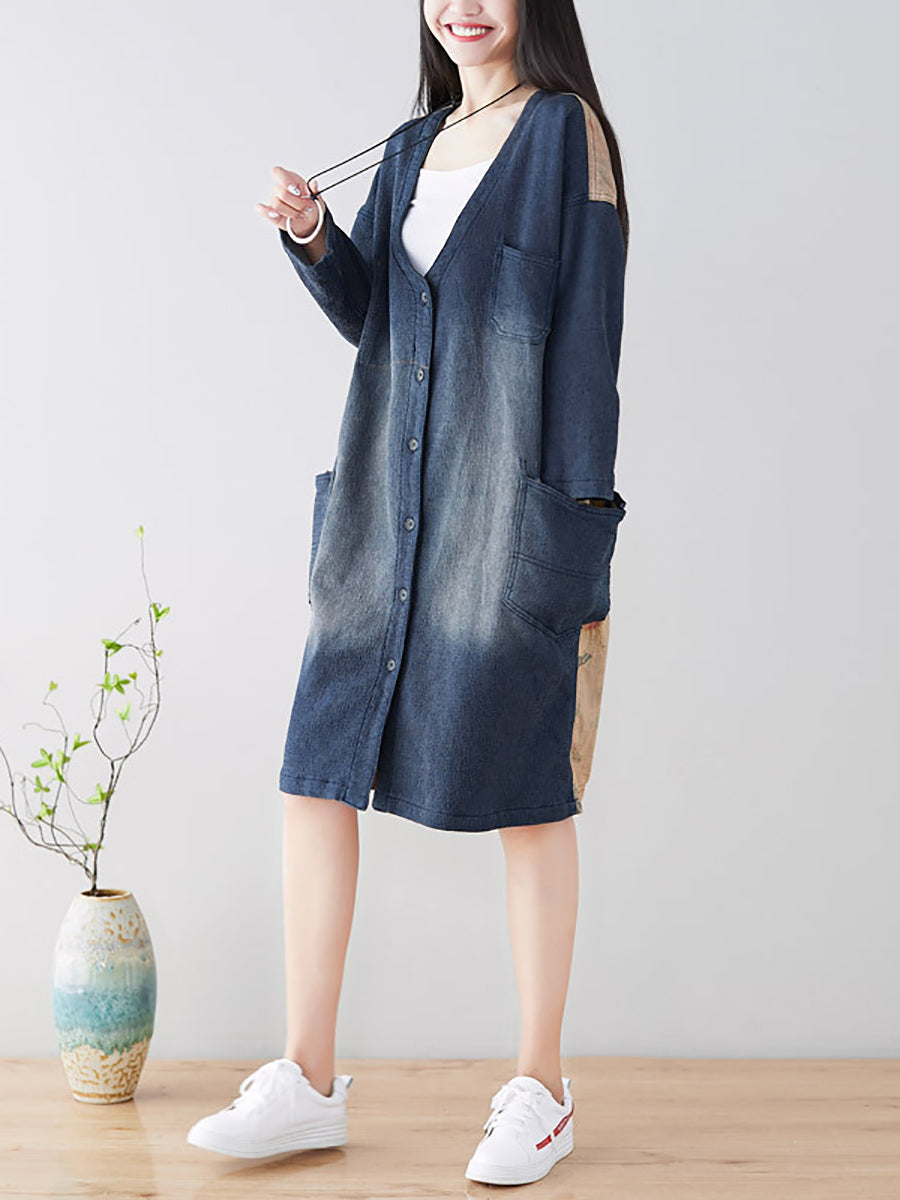 Women Spring Casual Back Spliced Pokcet Loose Coat