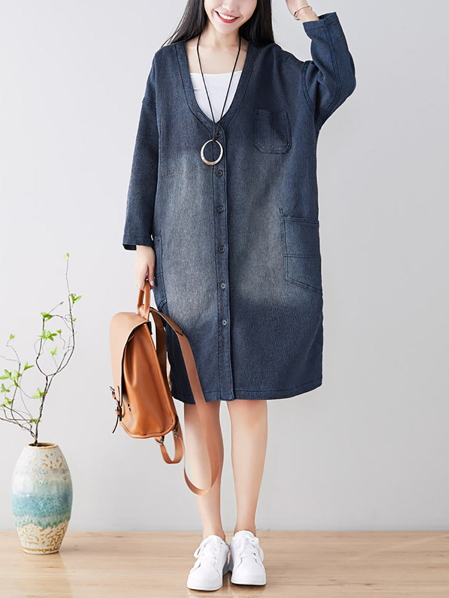 Women Spring Casual Back Spliced Pokcet Loose Coat