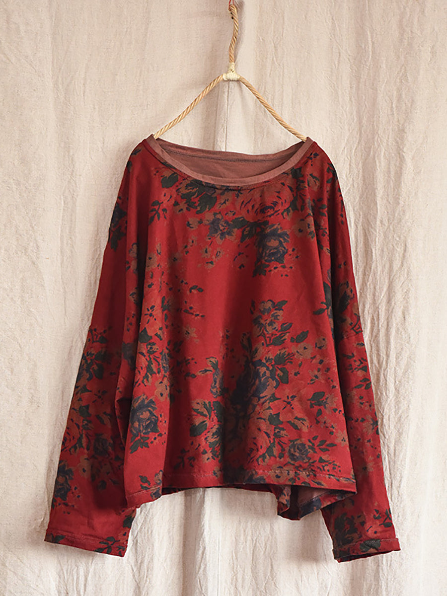 Women Vintage Flower O-Neck Loose Cotton Linen Blouse