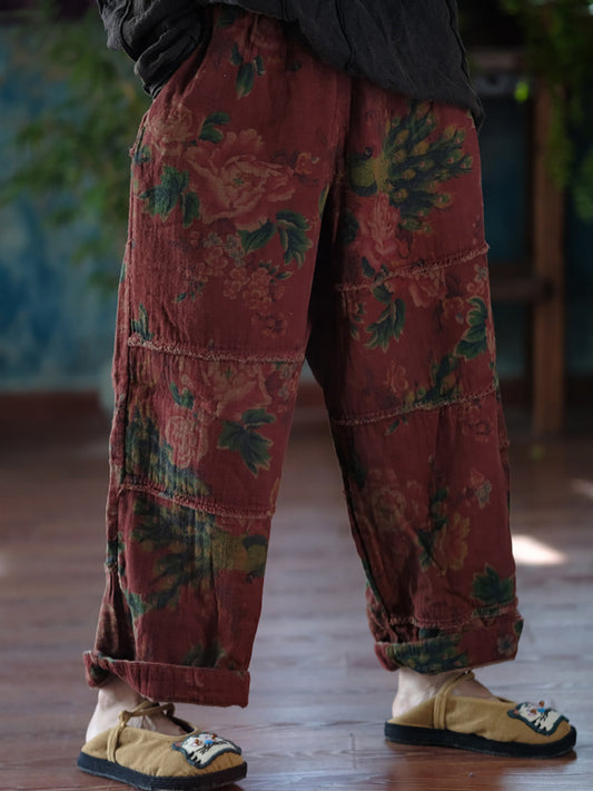 Women Autumn Retro Flower Spliced Cotton Wide-leg Pants