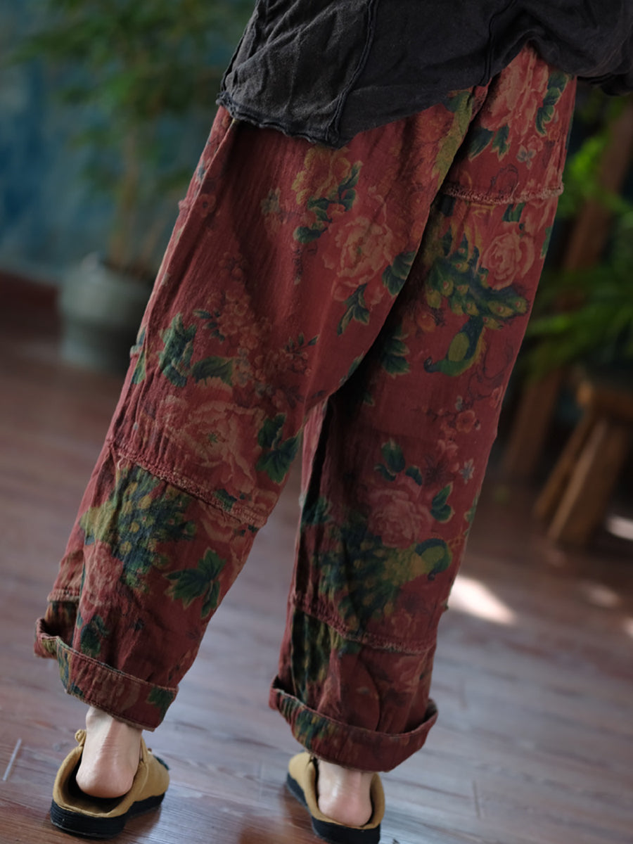 Women Autumn Retro Flower Spliced Cotton Wide-leg Pants