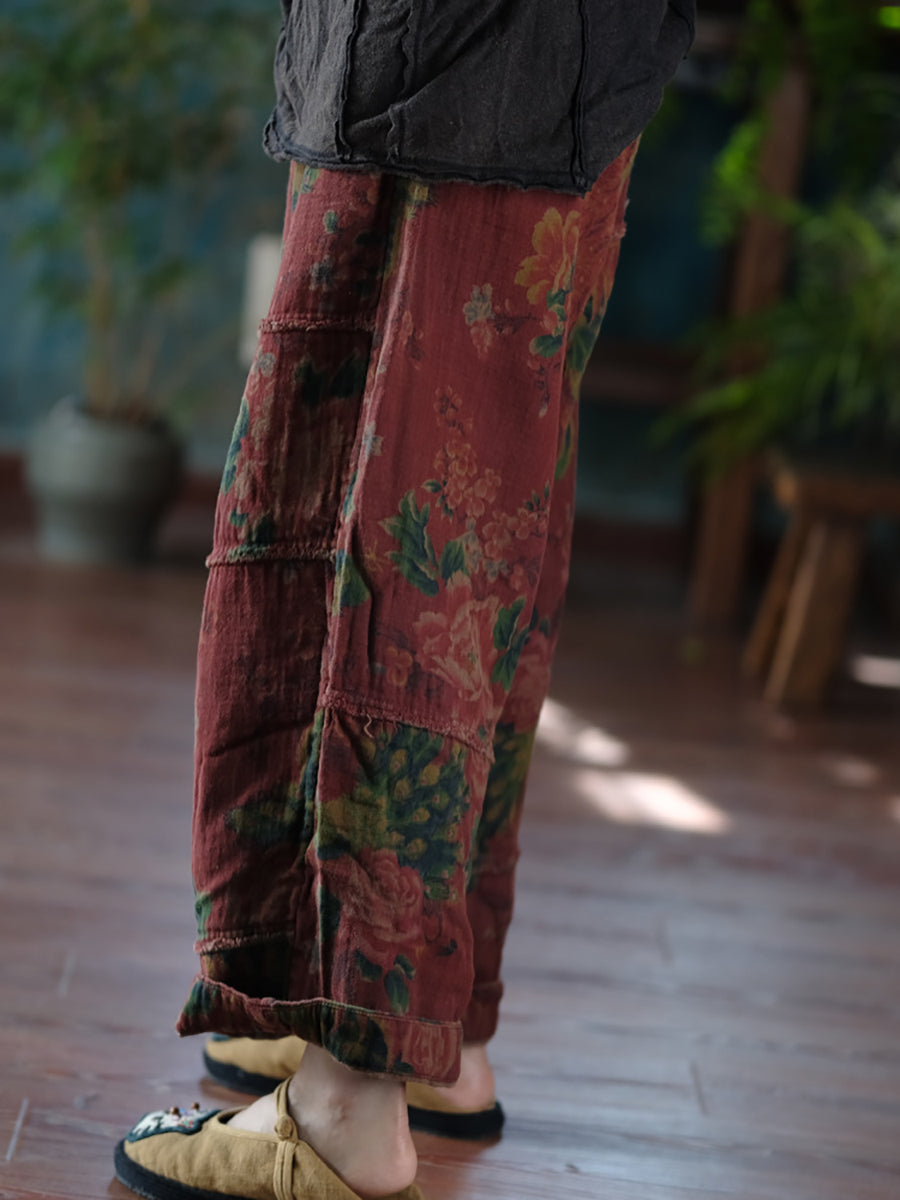 Women Autumn Retro Flower Spliced Cotton Wide-leg Pants