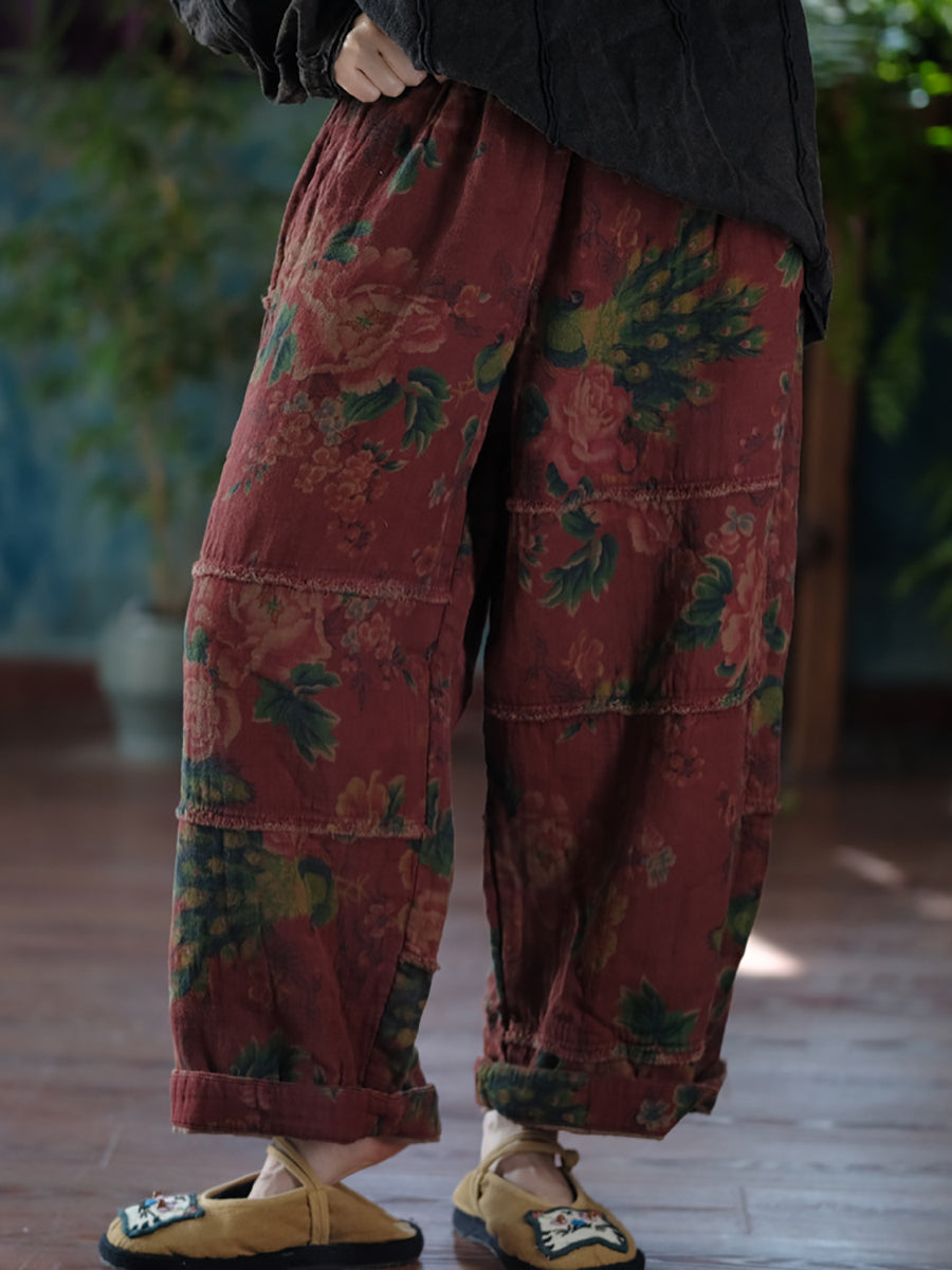 Women Autumn Retro Flower Spliced Cotton Wide-leg Pants