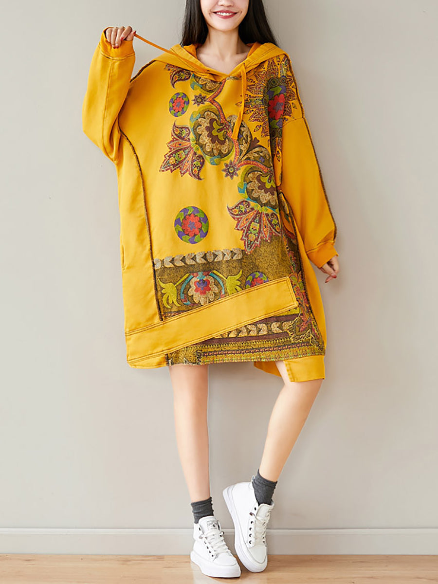 Women Autumn Casual Flower Spliced Hem Hooded Dress