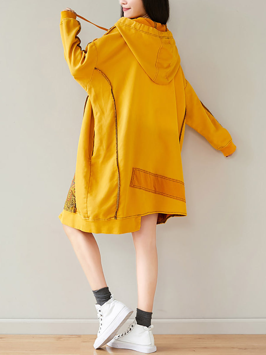 Women Autumn Casual Flower Spliced Hem Hooded Dress