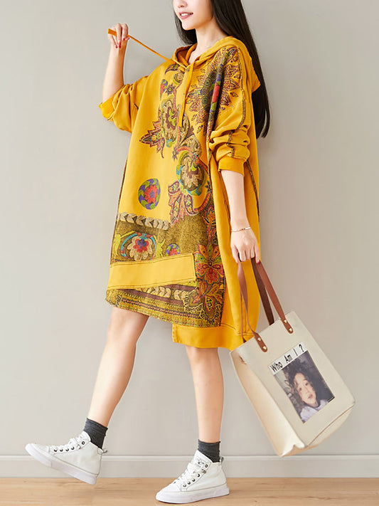 Women Autumn Casual Flower Spliced Hem Hooded Dress