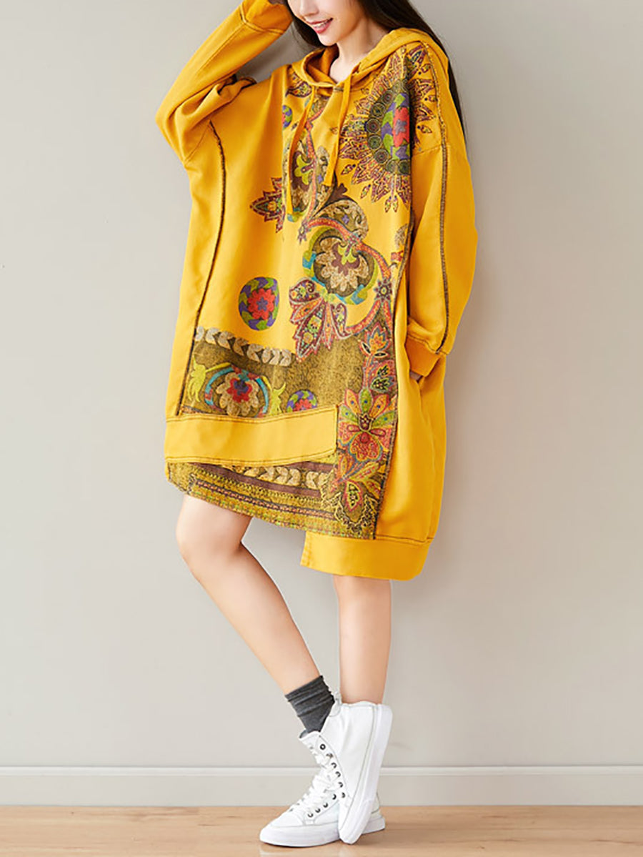 Women Autumn Casual Flower Spliced Hem Hooded Dress