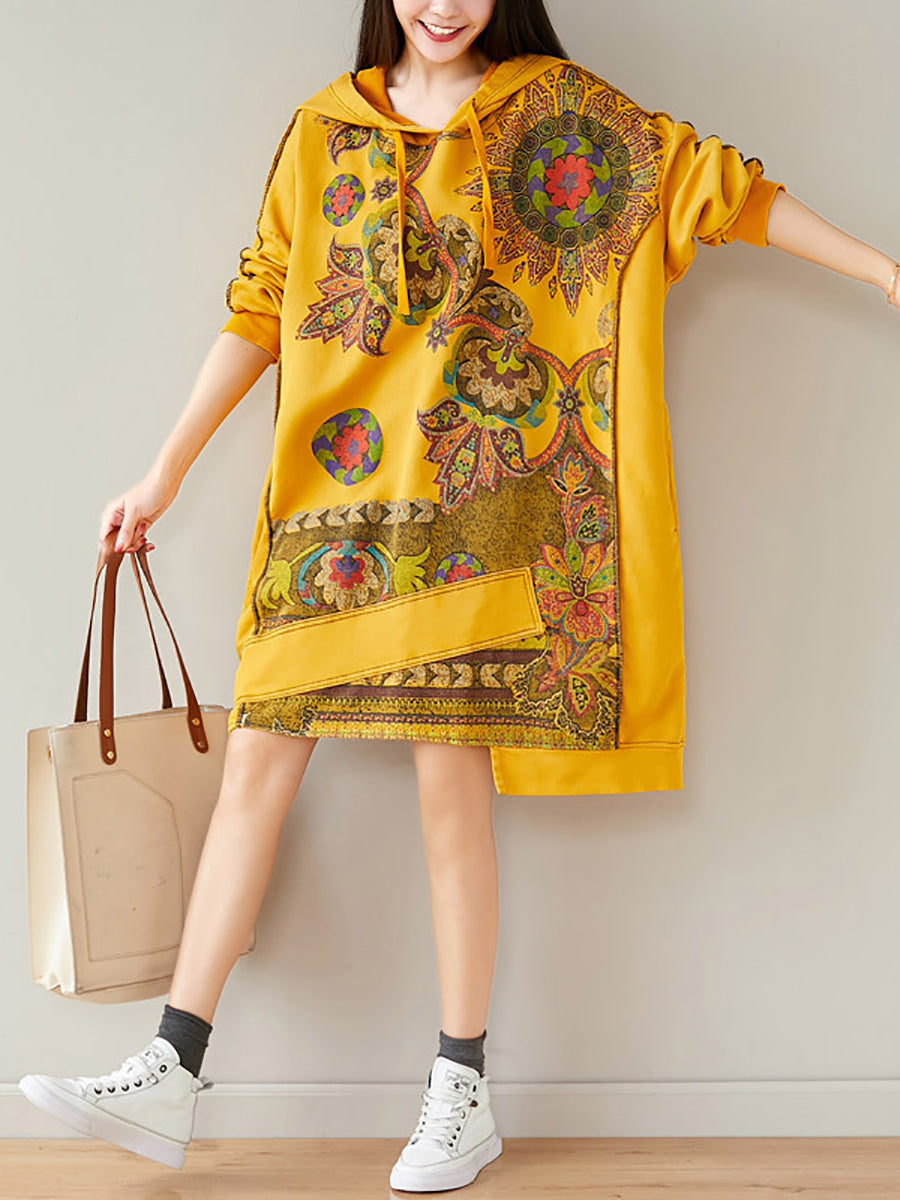 Women Autumn Casual Flower Spliced Hem Hooded Dress