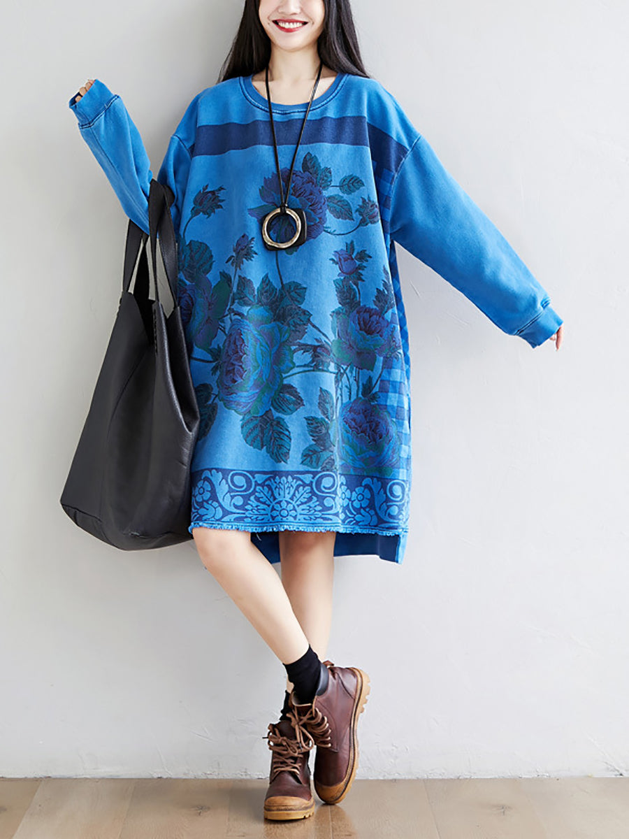 Women Autumn Casual Flower Knee Length O-Neck Dress