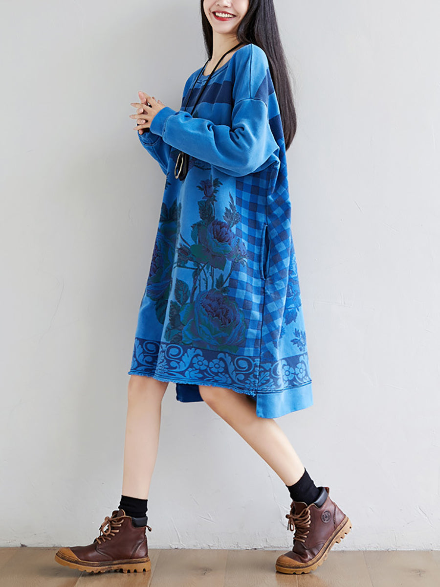 Women Autumn Casual Flower Knee Length O-Neck Dress