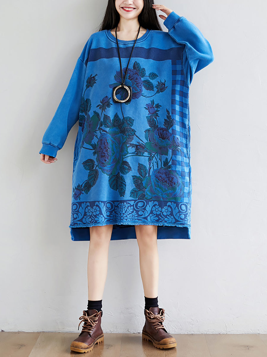 Women Autumn Casual Flower Knee Length O-Neck Dress