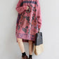 Women Autumn Casual Flower Knee Length O-Neck Dress