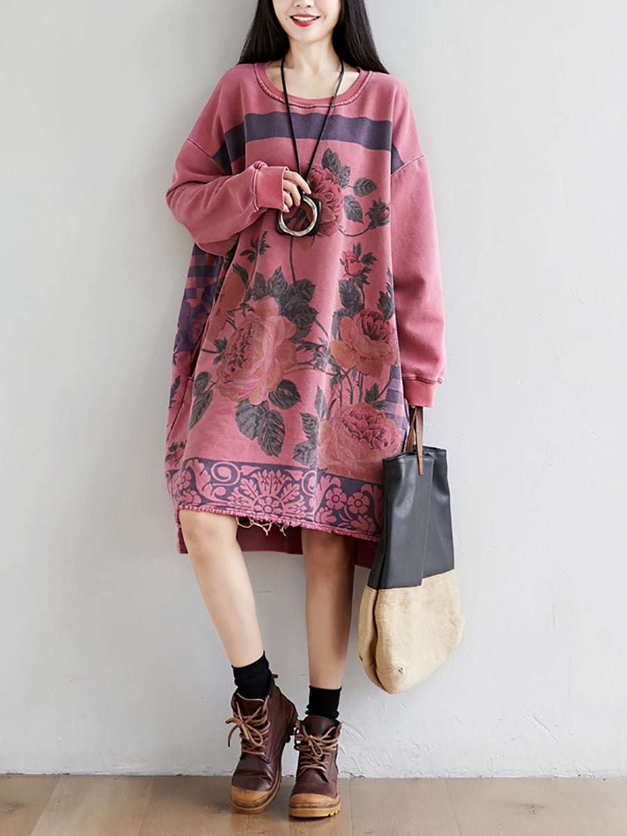 Women Autumn Casual Flower Knee Length O-Neck Dress