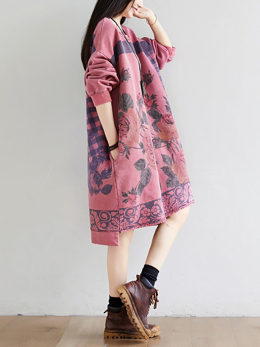 Women Autumn Casual Flower Knee Length O-Neck Dress