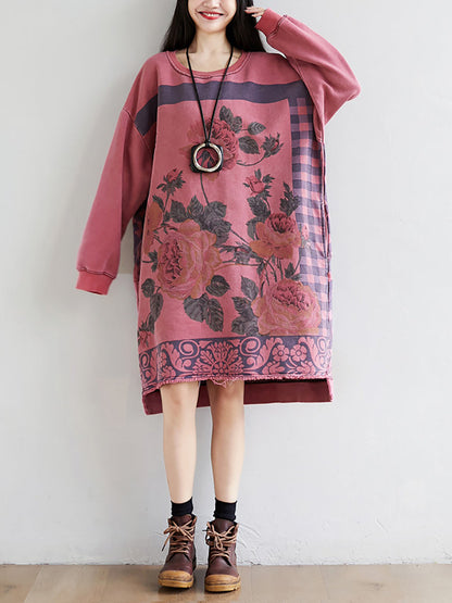 Women Autumn Casual Flower Knee Length O-Neck Dress