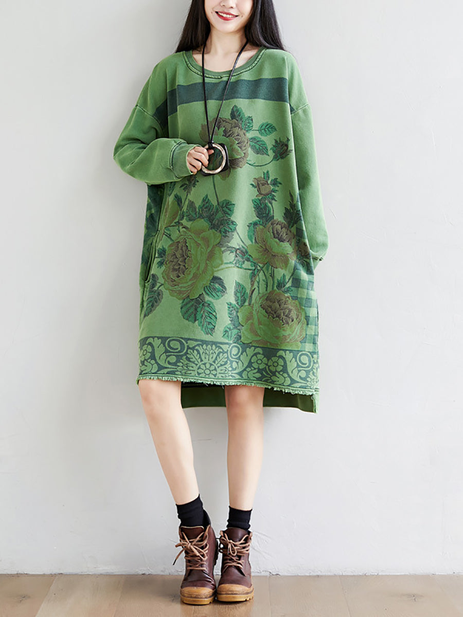 Women Autumn Casual Flower Knee Length O-Neck Dress