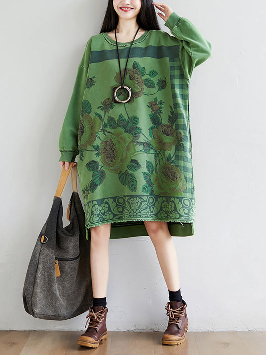 Women Autumn Casual Flower Knee Length O-Neck Dress