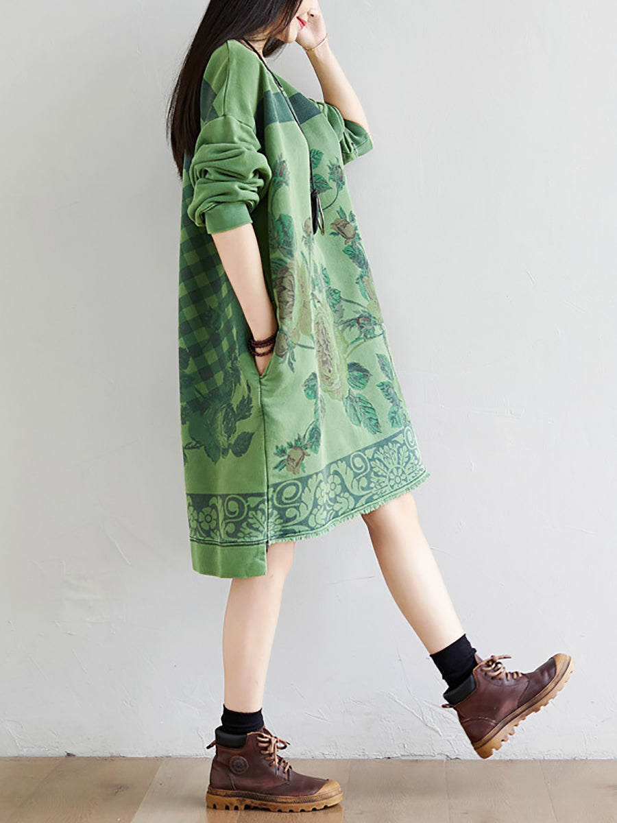 Women Autumn Casual Flower Knee Length O-Neck Dress