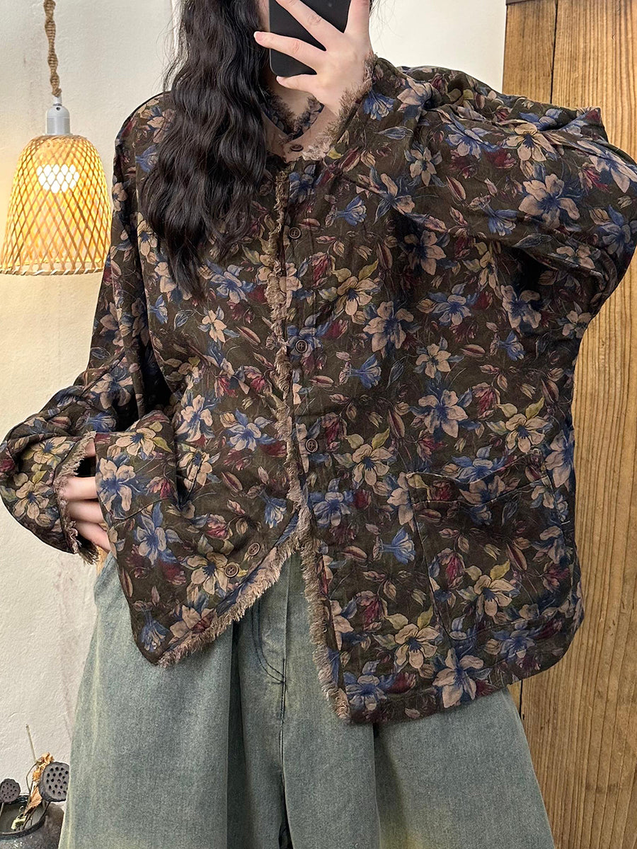 Women Autumn Flower Raw-edge Spliced Cotton Shirt