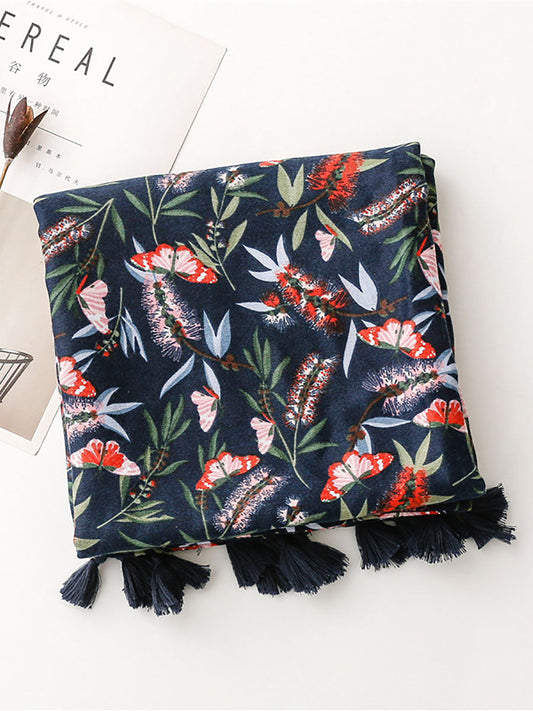 Women Artsy Butterfly Flower Tassel Shawl Scarf