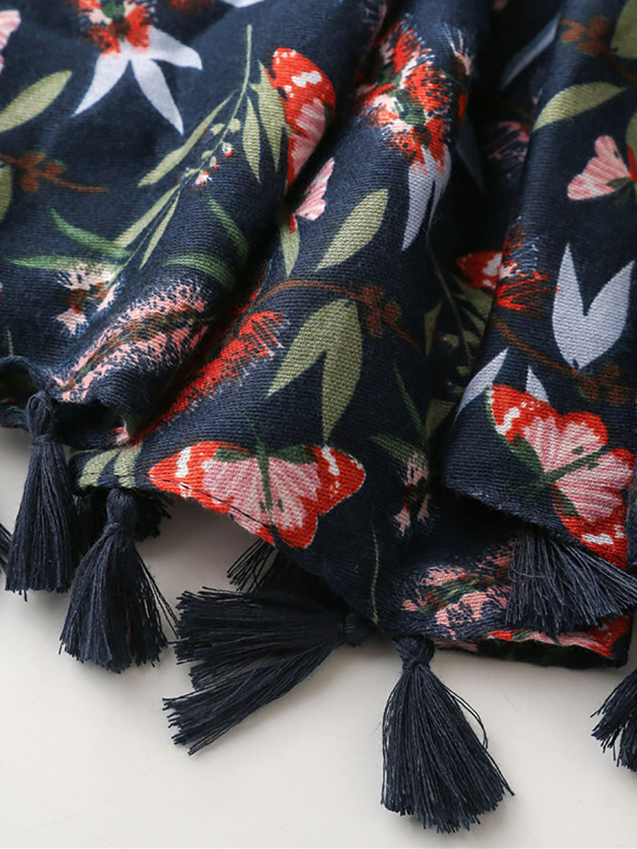 Women Artsy Butterfly Flower Tassel Shawl Scarf