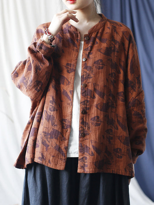 Women Autumn Artsy Leaf Stand Collar Cotton Coat