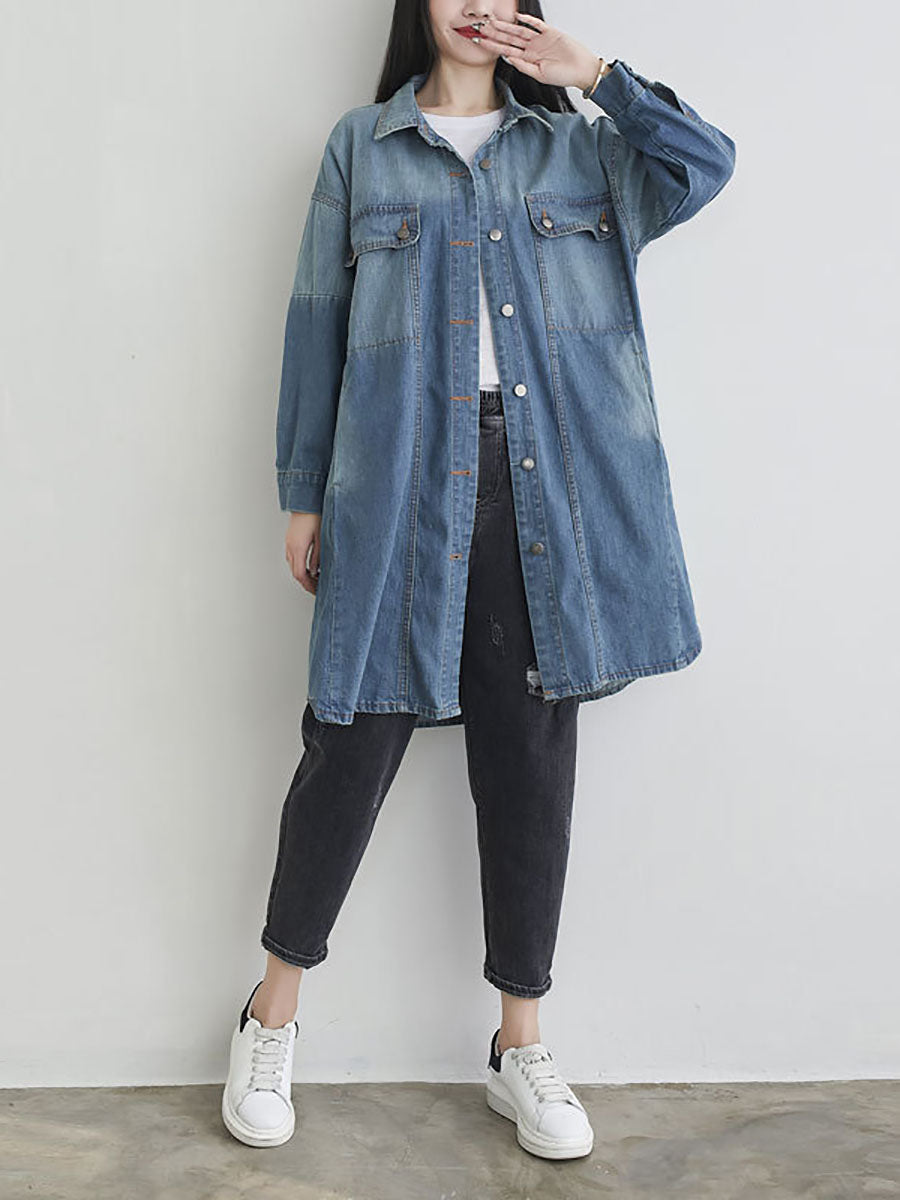 Women Autumn Casual Solid Pocket Denim Shirt Coat