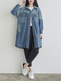 Women Autumn Casual Solid Pocket Denim Shirt Coat