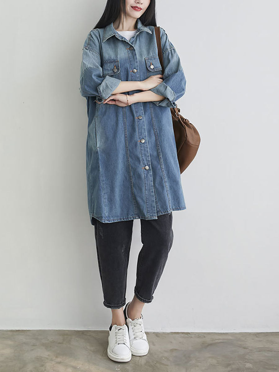 Women Autumn Casual Solid Pocket Denim Shirt Coat